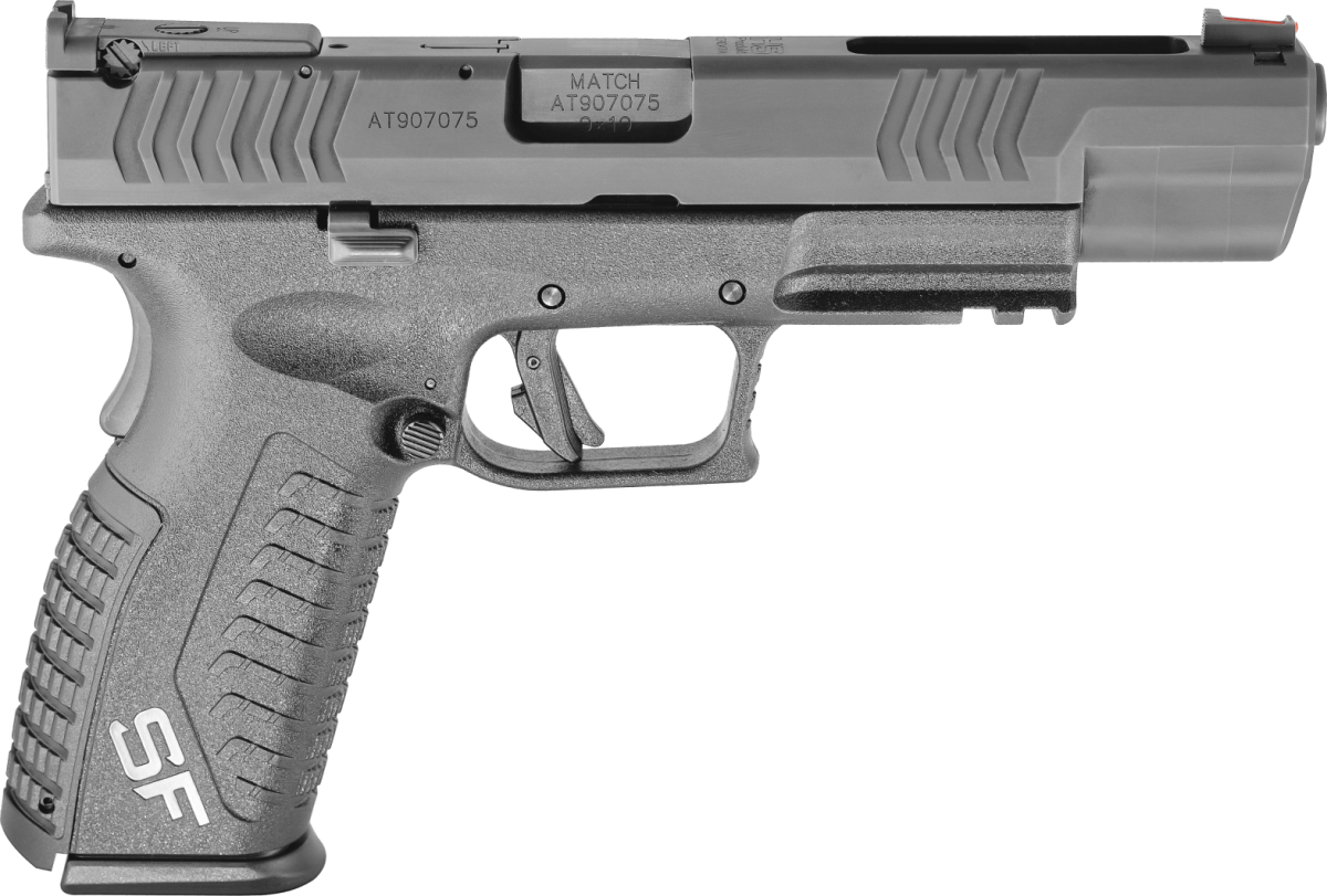 Pistolet HS SF19 kal. 9x19 widok z boku, z lufą skierowaną w prawo, ukazujący ergonomiczny kształt, mechanizm spustowy i elementy konstrukcyjne broni palnej.