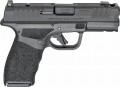 Pełna sylwetka profilu czarnego pistoletu kompaktowego HS H11 Hellcat PRO OSP COMP CUT 9x19 mm. Ukazuje polimerowy szkielet, stalowy zamek i porting kompensujący podrzut lufy.