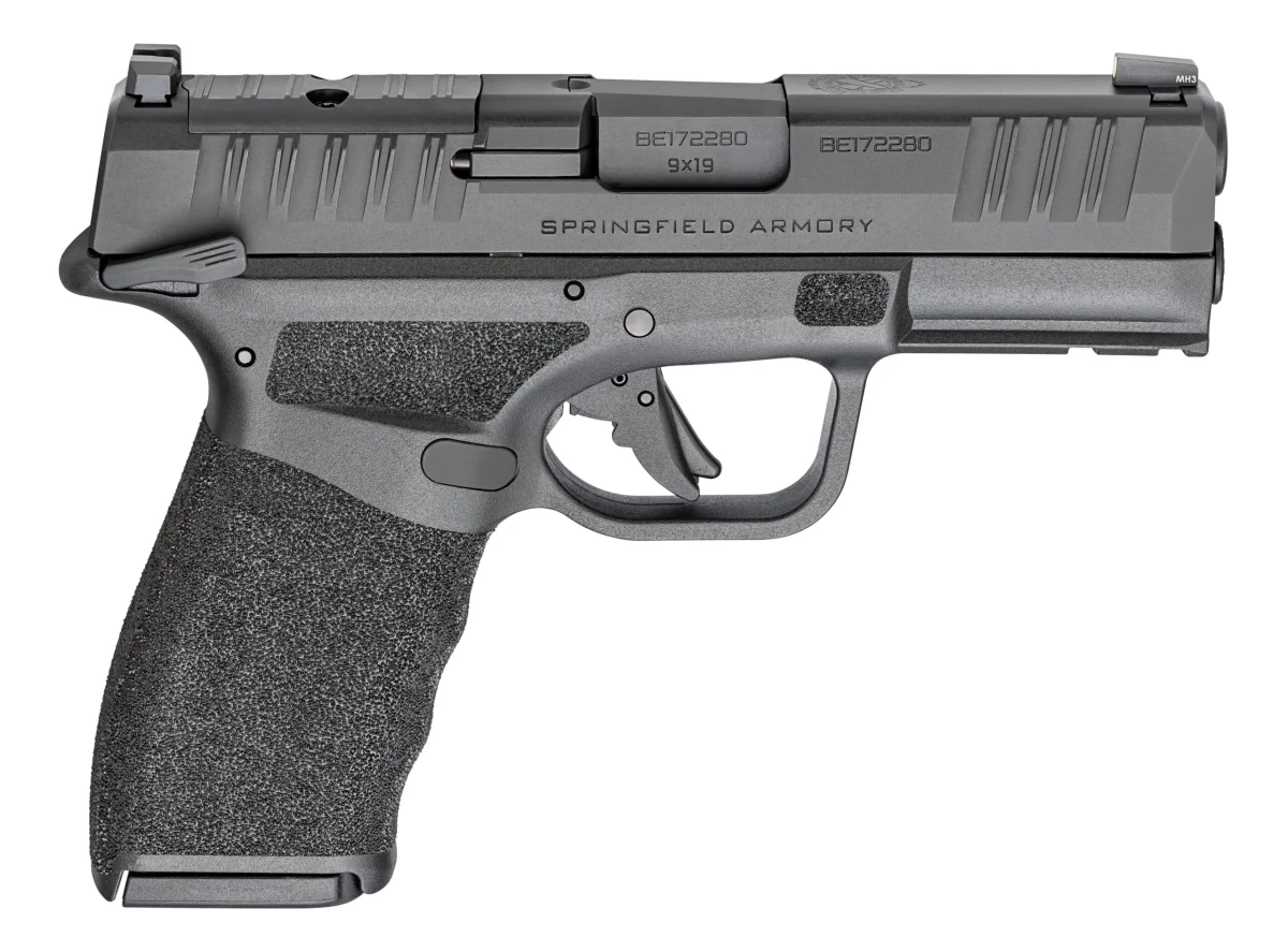 Pełna sylwetka czarnego pistoletu kompaktowego HS H11 Hellcat PRO OSP MS 9x19 mm, widok z boku prezentujący polimerowy szkielet, stalowy zamek i bezpiecznik skrzydełkowy.