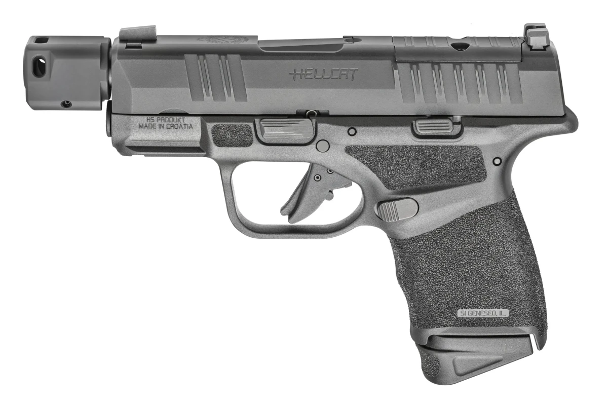 Pełna sylwetka czarnego pistoletu mikrokompaktowego HS H11 Hellcat RDR TB CC 9x19 mm, widok z boku prezentujący zamek z kompensatorem odrzutu i gwintowaną lufą.