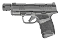 Pełna sylwetka czarnego pistoletu mikrokompaktowego HS H11 Hellcat RDR TB CC 9x19 mm, widok z boku prezentujący zamek z kompensatorem odrzutu i gwintowaną lufą.