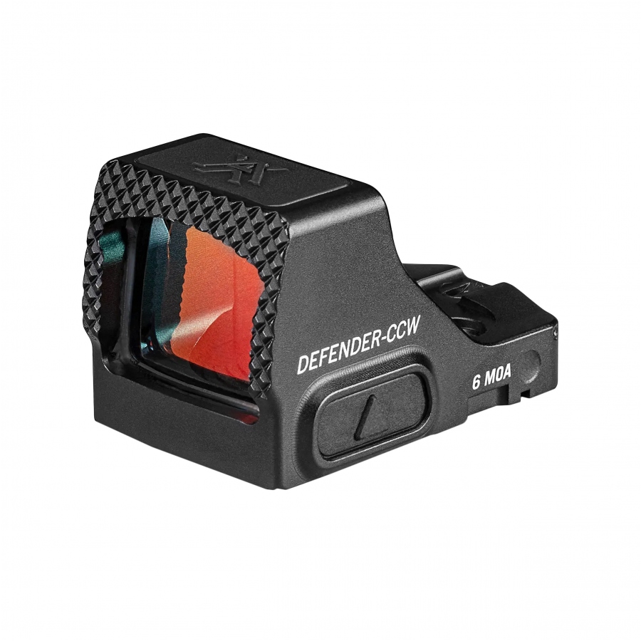 Widok ogólny z profilu na ultralekki kolimator pistoletowy Vortex Defender-CCW do skrytego noszenia, ukazujący niskoprofilową obudowę z twardego aluminium lotniczego 7075.