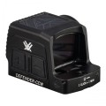 Lewy profil celownika zamkniętego Vortex Defender-CCW Solar. Widoczne przyciski regulacji jasności (dwa guziki), gniazdo baterii CR2032 i agresywna tekstura Fast-Rack na przodzie.