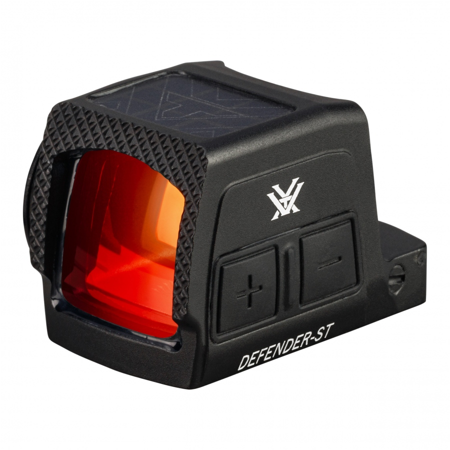 Zamknięty kolimator Vortex Defender-ST Solar 3 MOA, widok z przodu. Szczelna obudowa z aluminium 7075-T6 i ryflowanie obudowy FAST-RACK.