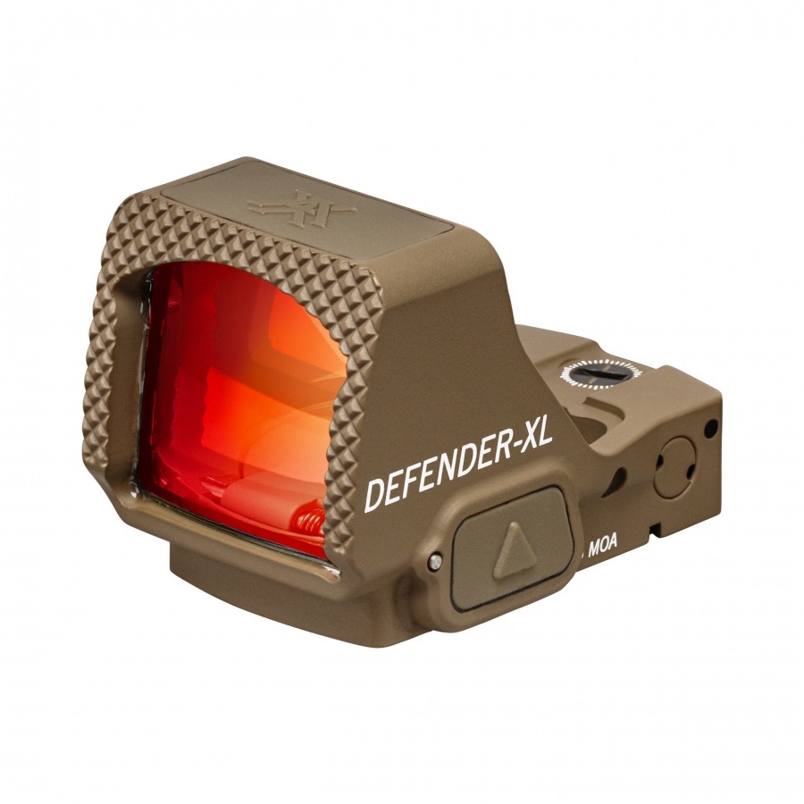 Kolimator Vortex Defender-XL 5 MOA Tan, szerokie okno z asferyczną soczewką do szybkiego strzelectwa taktycznego.
