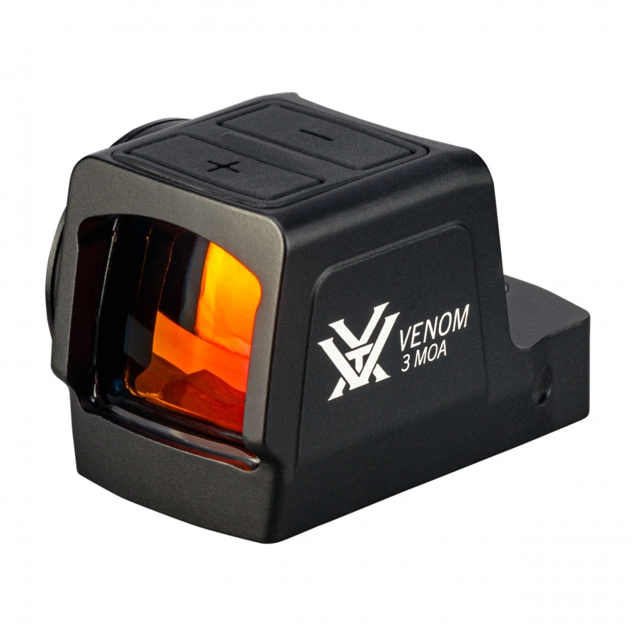 Pełny profil zamkniętego kolimatora Vortex Venom Enclosed Micro Red Dot. Widoczna wytrzymała obudowa z aluminium 6061, chroniąca układ optyczny podczas strzelectwa taktycznego i noszenia CCW.