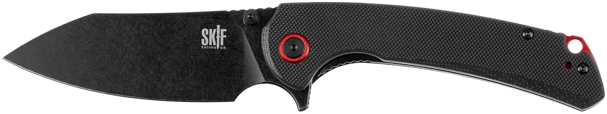 Widok ogólny rozłożonego noża składanego Skif Jock Jr BSW Czarny. Kompaktowy folder taktyczny EDC z szeroką głownią ze stali nierdzewnej 8Cr13MoV oraz ergonomiczną rękojeścią z kompozytu G10.