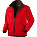 Kurtka Härkila Kamko polarowa w kolorze czerwonym, widok lekko pod kątem z rozpiętym zamkiem. Dwustronny design oferujący różne style.