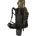 Profil plecaka Härkila Moose Hunter 2.0, boczny system pasów MOLLE do montażu oporządzenia i wentylowany panel nośny pleców.