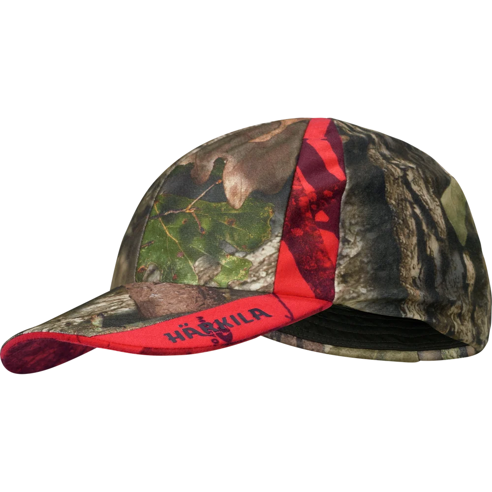 Czapka myśliwska Härkila Moose Hunter 2.0 GTX, widok z przodu na zagięty daszek i ostrzegawczy kamuflaż Mossy Oak Red Blaze.