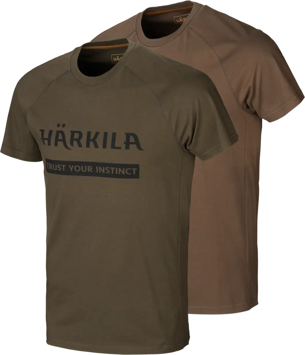 Härkila Logo 2-Pack T-shirt w kolorach willow green i slate brown – widok z przodu, idealne dla miłośników stylu outdoorowego, modne i funkcjonalne koszulki.