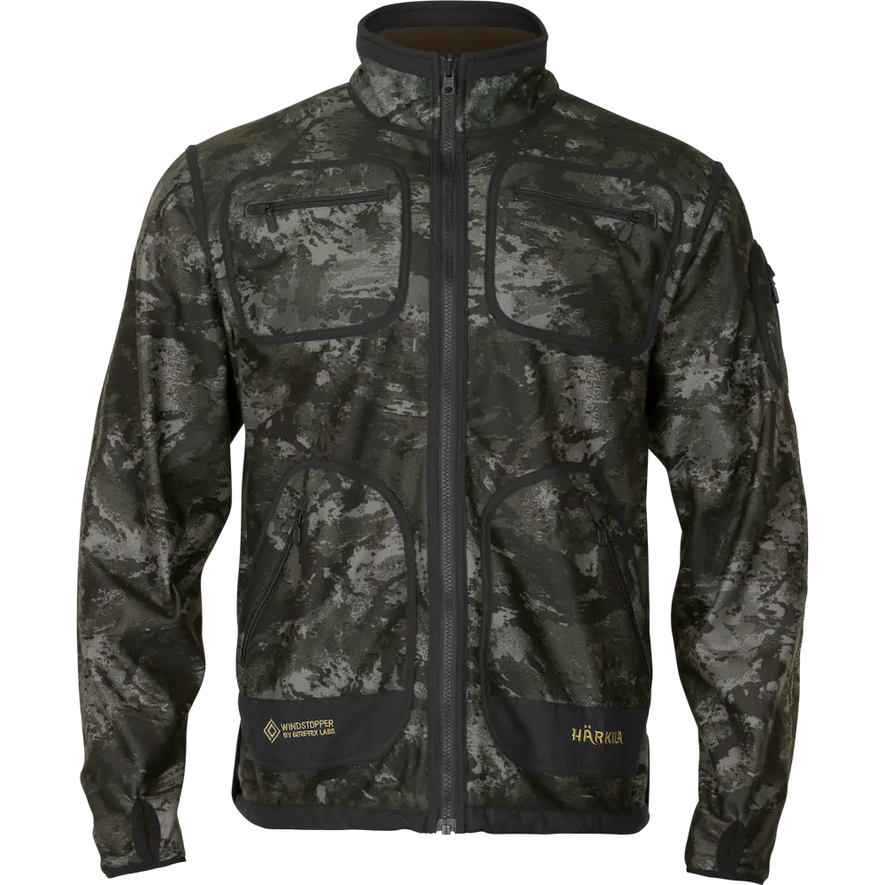 Dwustronny polar Härkila Kamko Noctyx WSP w ciemnym kamuflażu AXIS MSP® Black – profesjonalna kurtka wiatroszczelna z membraną GORE-TEX INFINIUM™ do polowań nocnych.