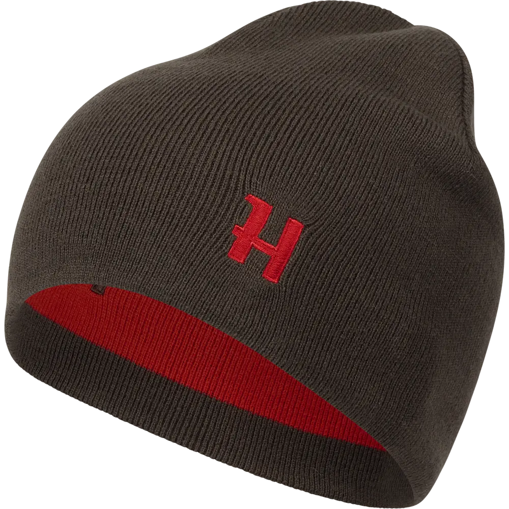 Dwustronna czapka Härkila Reversible Aspire Beanie w kolorze Shadow Brown – nowoczesna, brązowa czapka myśliwska wykonana z elastycznego i szybkoschnącego materiału.