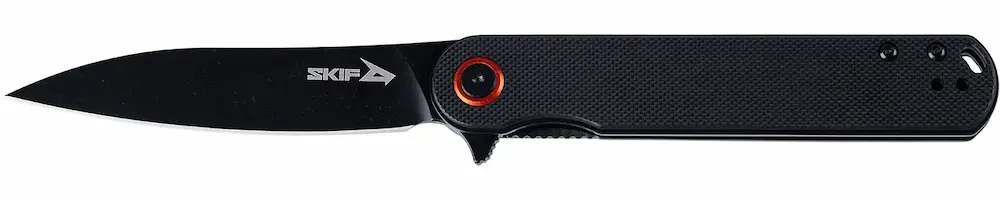 Rozłożony nóż EDC Skif Townee BSW Black. Ostrze Wharncliffe ze stali 8Cr13MoV z powłoką Black Stonewash i czarna rękojeść G-10.