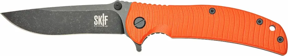 Rozłożony nóż składany Skif Urbanite II BSW Orange. Agresywna głownia Drop-Point ze stali 9Cr18MoV i pomarańczowa rękojeść G-10 do EDC.