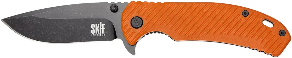 Rozłożony nóż składany Skif Sturdy II BSW Orange. Profil Drop Point ze stali 9Cr18MoV z matową powłoką Black Stonewash i jaskrawa rękojeść G-10.