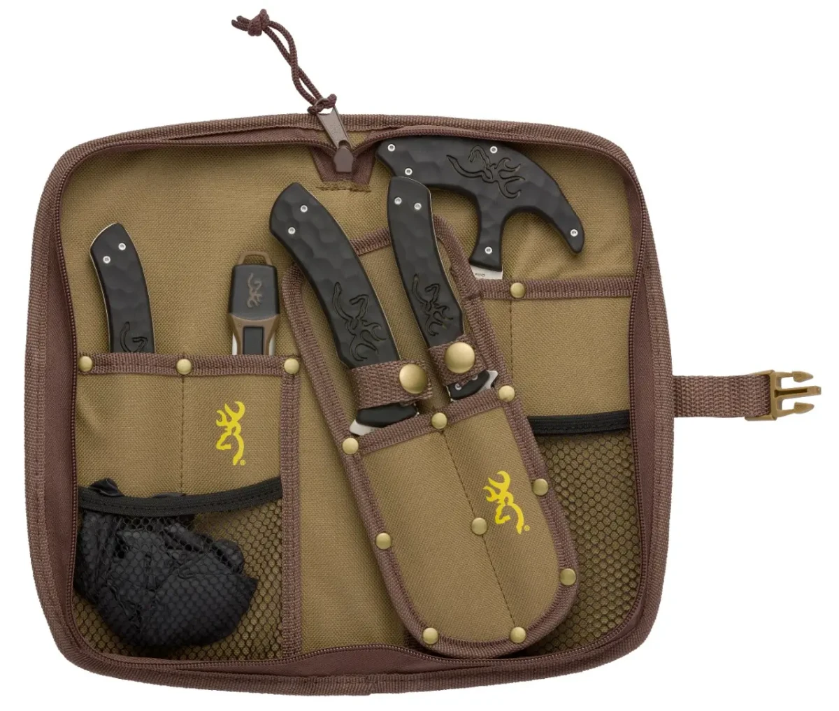 6-częściowy zestaw do patroszenia Browning Primal Combo ze stali 8Cr13MoV w nylonowym etui: noże skinner, caper, hak, piła, ostrzałka Work Sharp.