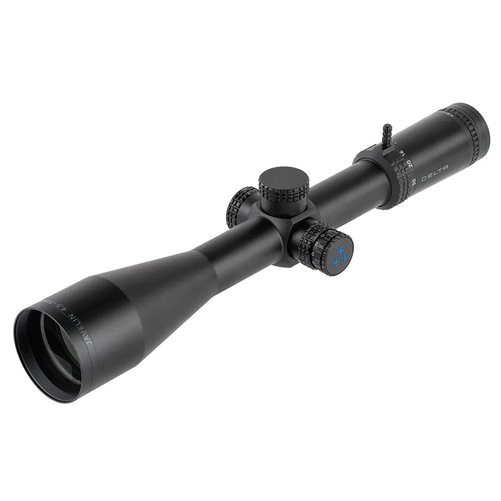 Zbliżenie na duży obiektyw 56 mm lunety Delta Javelin, wykorzystujący szkło ED dla jasnego obrazu i redukcji aberracji chromatycznej.
