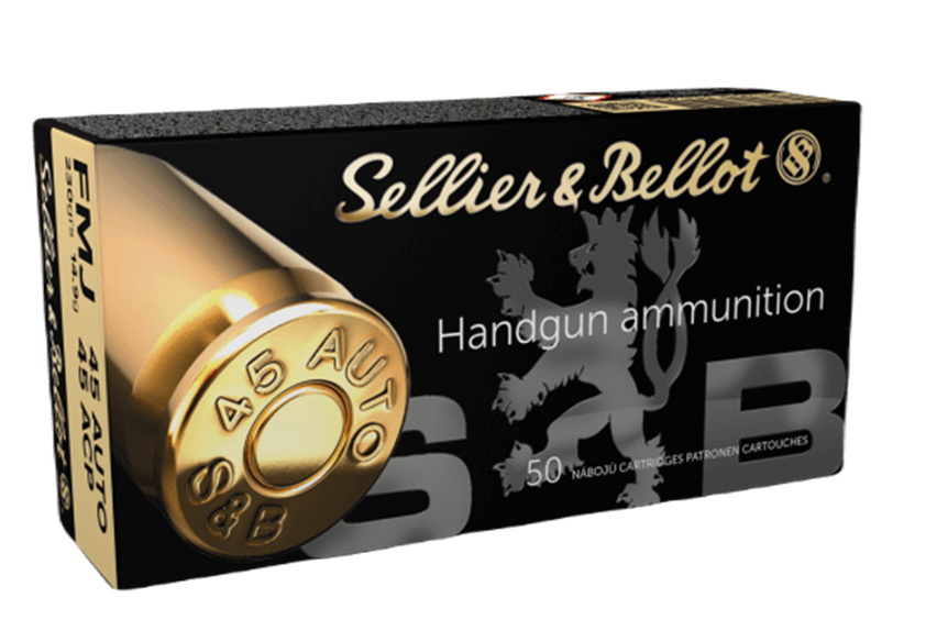 Opakowanie amunicji Sellier & Bellot kaliber 45ACP, typ FMJ, masa 14,9g, idealne do strzelania sportowego i na amatorskie zawody.