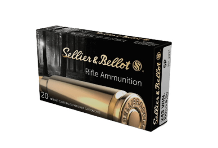Amunicja Sellier&Bellot Kaliber 243 WIN SP 6,5g - opakowanie z widocznymi detalami graficznymi i informacjami o produkcie.