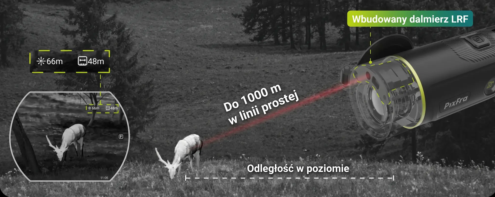 Zintegrowany dalmierz laserowy 1000 m oraz pokrętło E-Wheel w monokularze Pixfra Mile 3 M625 LRF